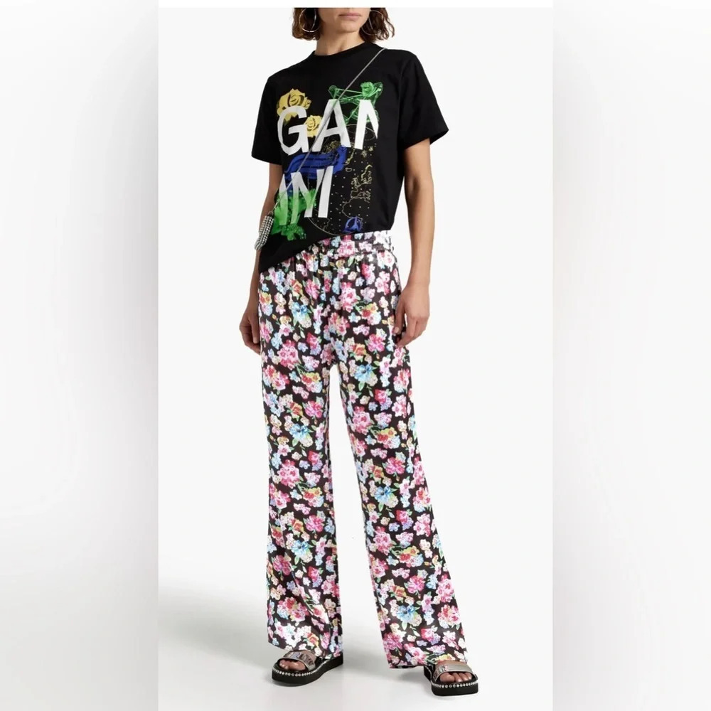 ! Ganni Gold St. Satin Floral Prints Pants sz 6